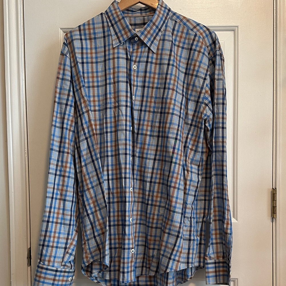 NWOT Peter Millar Blue and Tan Checkered Shirt